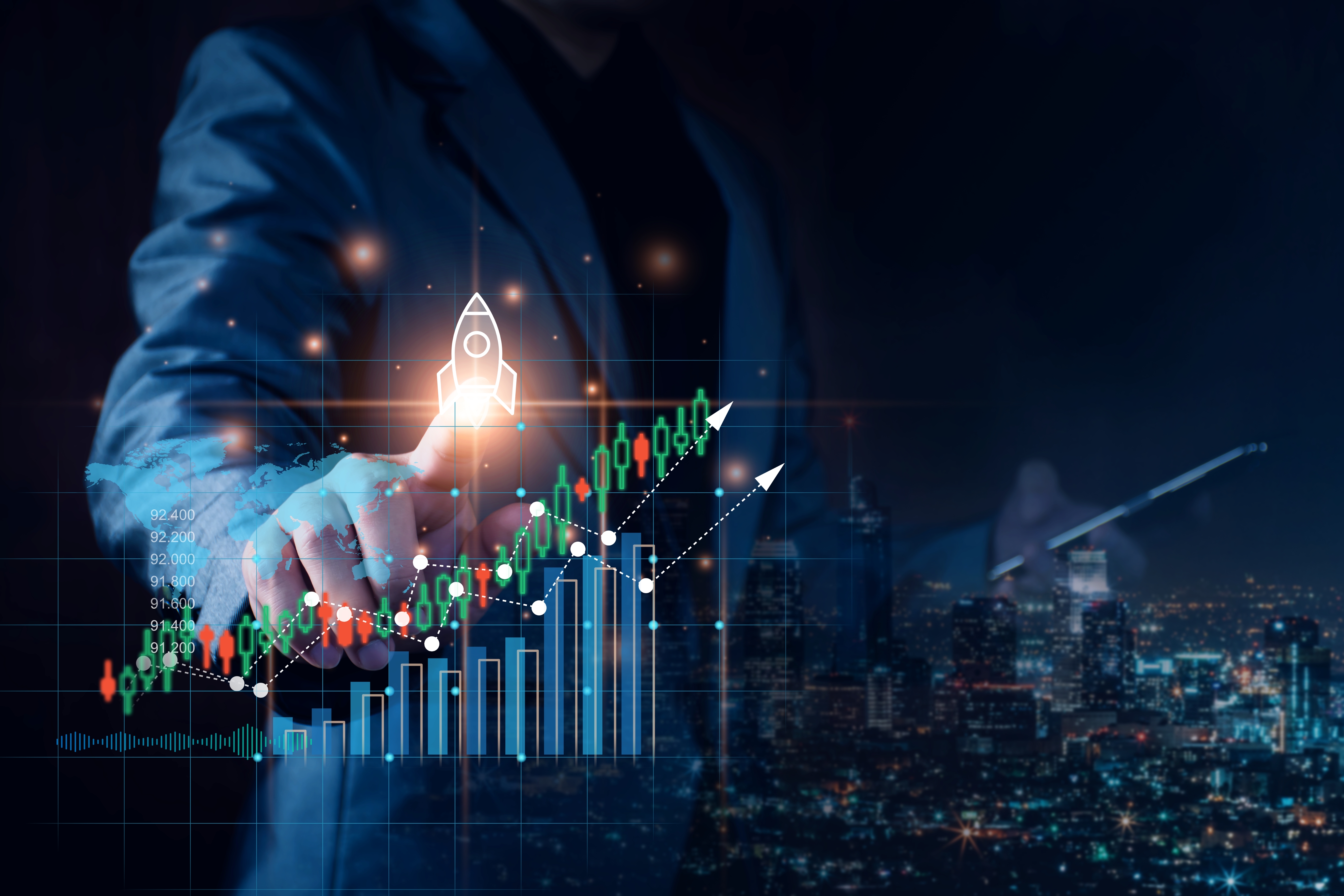 Businessman,Planning,To,Invest,In,Stock,Market.,Man,Touching,Success