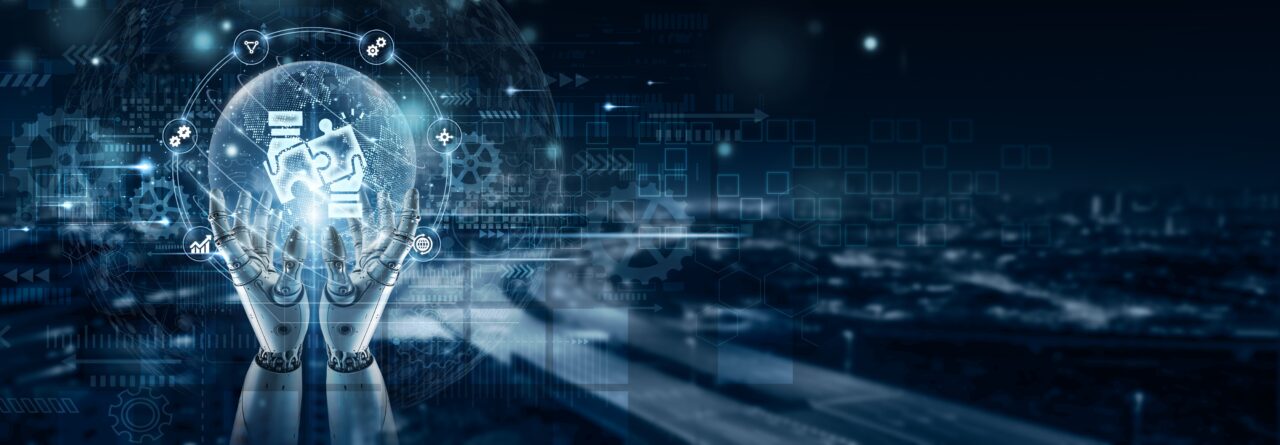 Hand,Of,Robot,Holding,A,Business,Integration,Icon,On,Global